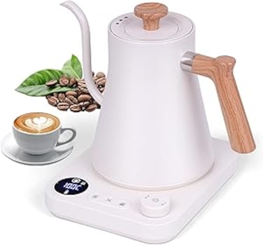 Electric Kettle Gooseneck, 0.9L Stainless Steel Electric Water Kettle and Coffee Kettle with Temperature Control, Constant Temperature, Auto Shut Off, Touch Screen Panel,1200W Quick (Wood Grain White)