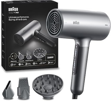 Braun Hair dryer HD4.3 Ultimate Performance, Styling, Shine &amp; Care, HTDC Motor, 2200 Watts, Touch Control, with Drying Nozzle, Straightening Comb, Curl Diffuser, BRHD435SDE - Electro Grey