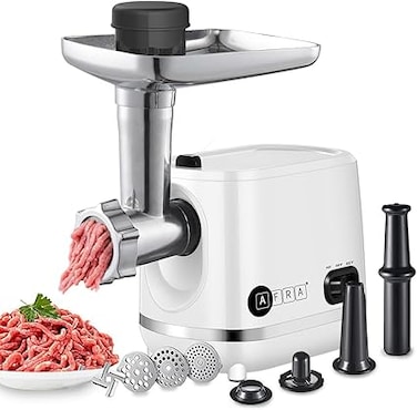 AFRA Meat Grinder, 1200w, 3 Cutting Discs, Aluminum Construction, Stainless Steel Cross Knife, food storage pusher, kibbeh &amp; sausage attachment, AF-1200MGWT, 2 Year Warranty