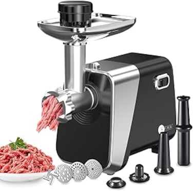 AFRA Meat Grinder, 1800w, 2kg Capacity, Aluminum Construction, Stainless Steel Cross Knife, food storage pusher, kibbeh &amp; sausage attachment, AF-1800MGBK, 2 Year Warranty