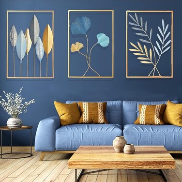 MIXUEBINCE Gold Metal Wall Decor, Golden Leaf Wall Hanging Home Decor with Frame, Wall Art Decoration Sculpture for Living Room, Bedroom, Office, Hotel Decor (Set of Three)