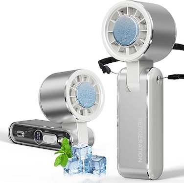 Portable Handheld Turbo Fan with Ice Cooler, 100 Gear Wind, 5000mAh Rechargeable Personal Fan, Digital Display, 180 Ajustable, 3 IN 1 Hand Fans for Outdoor Travel, Camping, Hiking, Working, Silver