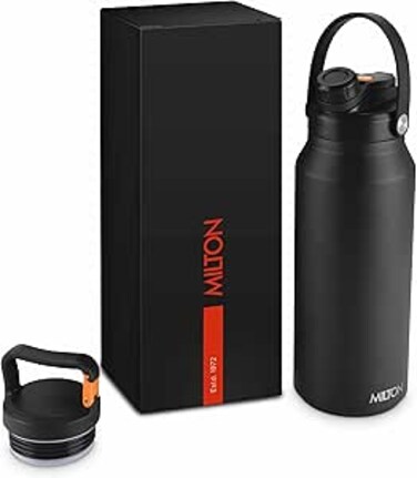 MILTON 1180ml Vacuum Insulated Water Bottle with Straw Lid - 2 lids included, Keeps Drinks Hot and Cold, 18/8 Stainless Steel, Double-Walled Flask with Inner Copper Coating - Sports - Ultrasip - Black