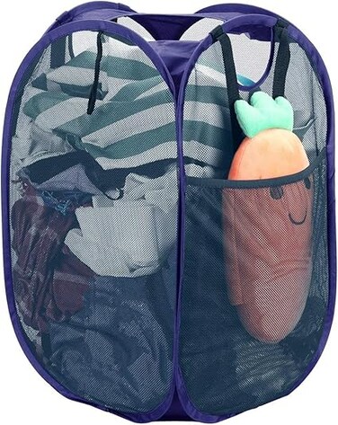 Tycom Pop Up Laundry Mesh Hamper Basket - Storage Solution - Compact Bin - Mesh Collapsible Bag - Laundry Hamper - Collapsible Laundry Basket (Blue Vertical)