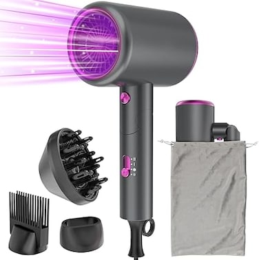 Oxsaytee 2400W Hair Blow Dryer with Diffuser, Foldable Mini Travel Hair Dryer, Ionic Hair Dryer With Storage Bag Bow Dryer for Curly Hair Fast Drying For Home Salon Travel (Grey)