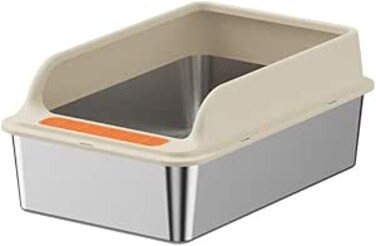 Large Cat Litter Box Stainless Steel, Open Top Cat Litter Pan for Large Size Pets, Anti-splashing Cat Toilet with Free Scoop, Semi-Closed Removable Cat Toilet Easy Cleaning (Khaki,)