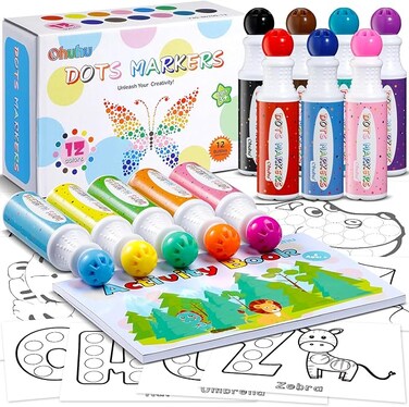 Markers for Kids: Washable 12 Colors Dot Marker for Children (3 Ages +), 40 ml (1.41 oz) with Coloring Book for Preschool Kindergarten Home Safe Non-Toxic Kids Markers