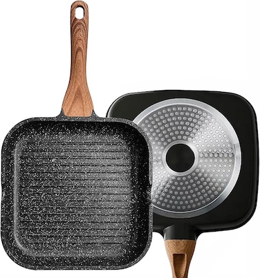 Nonstick Grill Pan for Stove Tops with Pour Spouts Induction Compatible, Granite Coating, 10 inch(25cm), black