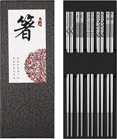 Metal Chopsticks Reusable 18/8 Stainless Steel Chopsticks Multipack Dishwasher Safe Chop Sticks Cute Laser Engraved Non-slip Japanese Korean Chopstick for Cooking Eating 9 1/4 Inches 5 Pairs Gift Set