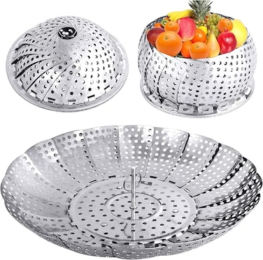 Vegetable Steamer Basket, Folding Steaming Basket, Metal Stainless Steel Steamer Basket Insert, Collapsible Steamer Baskets for Cooking Food, Expandable Fit Various Size Pot(5.9" to 9.8")