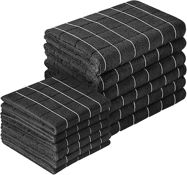 Microfiber Kitchen Towels and Dishcloths Set, 26 X 18 Inch and 12 X 12 Inch, Set of 12 Bulk Lint Free Dish Towels for Drying Dishes, Black