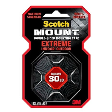Scotch Mount Extreme Strong Tape 1 in x 60 in roll (25.4mm x 1.52m), 1 roll/pack   Holds 13.6kg whole role   Black color   Maximum strength  indoor and Outdoor   No Tools   Double Sided Adhesive Tape