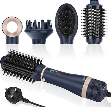 4 in 1 Hairdryer Hot Air Brush Set, PARWIN PRO BEAUTY Styler Set, Hairdryer Brush with 4 Attachments for Drying, Smoothing, Volume and Styling, Ion Care, 1000 Watts, Prussian Blue