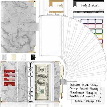 Budget Binder With Cash Envelopes for Budgeting, Money Organizer, 12Pcs 6-Ring Money Saving Binder (Marble-Grey)