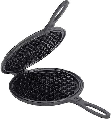 Lehman's Cast Iron Waffle Maker, Pre-Seasoned Stovetop 2 Piece Hinged Waffle Pan Makes 7" Round Waffles