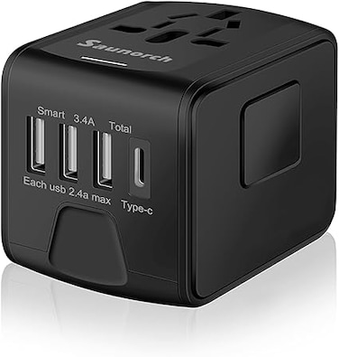 SAUNORCH Universal International Travel Power Adapter W/High Speed 2.4A USB-A, 3.0A USB-C Wall Charger, European Adapter, Worldwide AC Outlet Plugs Adapters for Europe, UK, US, AU, Asia-Black