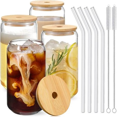 Drinking Glasses with Bamboo Lids and Glass Straw 4pcs Set - 16oz Can Shaped Glass Cups, Mocktail Glasses, Iced Coffee Glasses, Cute Tumbler Cup, Ideal for Cocktail,Gift - 2 Cleaning Brushes
