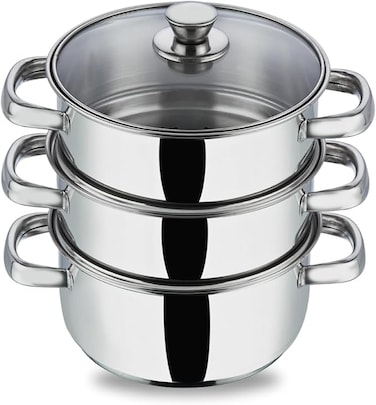 Stainless Steel 3 Tier Steamer with Glass Lid -20 cm (Induction Friendly)