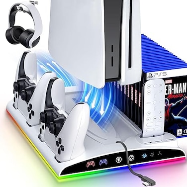 PS5 Stand With Cooling Station, Controller Charging Station for PlayStation 5 &amp; Slim Console Disc/Digital Edition - Accessories: Cooling Fan, RGB LED, USB Hubs, Headset Holder, Game Slot