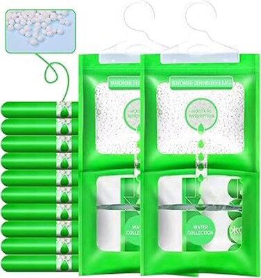 Moisture Absorber and Odor Eliminator Hanging Bags - Pack of 12Pcs (120gms Each) - Humidity Absorber to Rid Damp in Closet, Wardrobes, Car, Basement, Gym Bag - Dehumidifier Bags for Closet &amp; Wardrobes