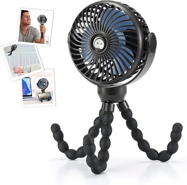Upgraded Portable Baby Stroller Fan, 360&deg;Rotate Rechargeable Mini Clip on Fan with Flexible Tripod for Stroller Treadmill Crib Car Seat Travel, 4000mAh Battery Powered Handheld Fan (Black)