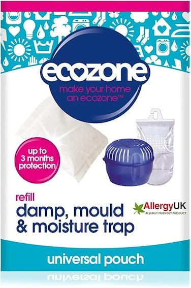 Ecozone Dehumidifier Refill Pouch, Damp, Mould &amp; Moisture Absorber for Portable Re-Usable Device Trap, 3 months Protection for Bedroom, Bathroom, Garage, Kitchen &amp; Caravan, Vegan Friendly (Single)
