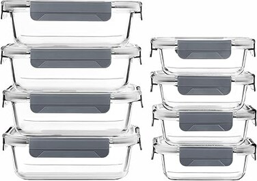 8 Pack Glass Meal Prep Containers with Snap Lids, Kitchen Food Storage Containers for Microwave, Oven, Freezer and Dishwasher