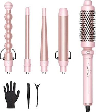 Wavytalk 5 in 1 Curling Iron,Curling Wand Set with Curling Brush and 4 Interchangeable Ceramic Curling Wand(0.5&rdquo;-1.25&rdquo;),Instant Heat Up,Include Heat Protective Glove &amp; 2 Clips (Pink)