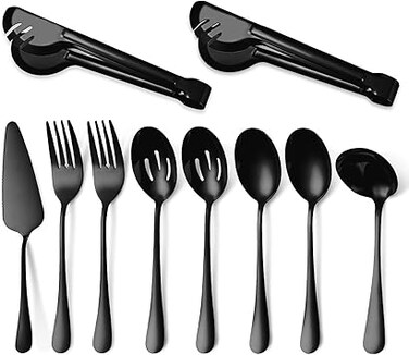 U-HOOME Stainless Steel Serving Spoon Set,10PCS Large Serving Utensils Set,Slotted Serving Spoons,Buffet Catering Serving Forks,Tongs (Black,10)