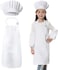 Kids Apron and Chef Hat Set, Adjustable Children Kitchen Chef Apron with Pockets for Cooking Baking Painting 4-12 Years Old, White, XL