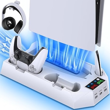 PS5 Stand and Cooling Station with Dual Controller Charging Station for Playstation 5 Console, PS5 Accessories Incl. Controller Charger, Cooling fan,Headset holder (Not Fit 2023 PS5 Slim Disc&amp;Digital)