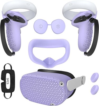 for Oculus Quest 2 Accessories Face Cushion Cover for Quest 2 Contorller Grips Lens Cover VR Silicone Covers VR Shell Cover Thumbsticks Covers for Meta Quest 2 Disposable Eye Cover 5pcs (Purple)