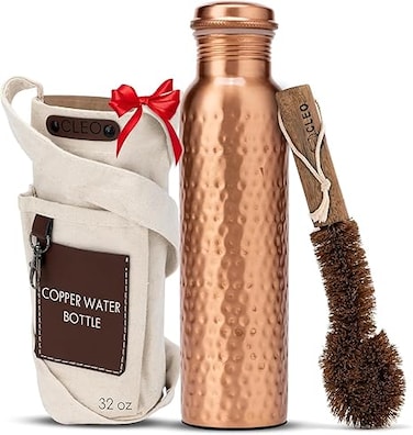 Handcrafted Hammered-100% Ayurvedic Copper Water Bottle with Cleaning Brush and Canvas Bag   Lab-Tested, Leak-Proof Bottle