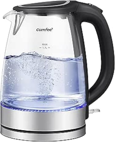 COMFEE' Glass Electric Tea Kettle &amp; Hot Water Kettle Electric, 2200 W 1.7L Capacity Electric Kettle with LED Indicator, Fast Boil Auto Shut-Off and Boil-Dry Protection