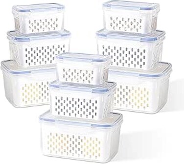 Genr 9 Pcs Fridge Organizers and Storage containers 9Pcs Kitchen Organizer Airtight with Vent Drain Containers for fruit and vegetable (Blue-01)