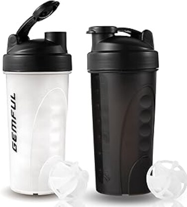 GEMFUL Shaker Bottle for Protein Mixes BPA-Free Leak Proof Smothies Mixer Water Cups 750 ML 2 Pack (Black+White)