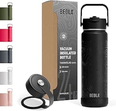 BEOLA 750ml Vacuum Insulated Water Bottle, Double Wall Thermolab series Stainless Steel Drinking Flask with Straw Lid &amp; Wide Mouth, 2 lids, Hot Cold Thermos Sports Bottle, 25oz (Mountain Black)