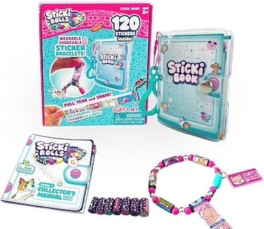 Sticki Rolls Sticki Book, Wearable &amp; Shareable Sticker Bracelet, 120 Mini Stickers, Bracelet and Sticki Book, Assorted Colours and Styles, Packaging May Vary