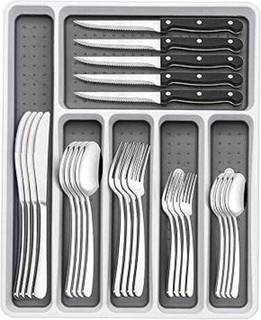 49-Piece Silverware Set with Organizer, Heavy Duty Stainless Steel Flatware for 8, Cutlery Utensil Sets with Steak Knives, Rust-proof, Mirror Polished, Dishwasher Safe