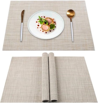 Set of 4, Heat Insulation &amp; Stain Resistant Washable Place Mats 45x30cm, Durable Non-Slip Kitchen Table Mats Placemat for Dining Table Beige