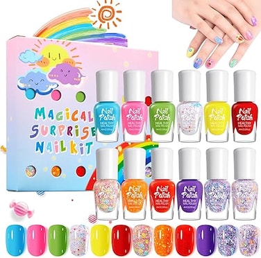 Kids Nail Polish, 12 Colors Non-Toxic Water Based Peel-Off Nail Polish Set with 3 Stickers, Non Toxic &amp; Safe Nail Polish Set for Girls Ages 5+ for Parties, Birthday and Makeovers (12Colors)