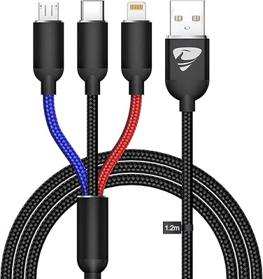 4ft 3-in-1 Multi Charging Cable, USB Type C, Micro USB, Lightning, Fast Charging, Compatible with iPhone 13/12/11, Samsung Galaxy S21/S20/S10/S9/S8/S7, Android Devices
