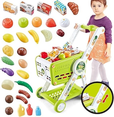 Shopping Cart for Kids,31PCS Supermarket Shopping Trolley Cart Toy with Toy Food Shop Accessories, Pretend Play Shopping Basket Grocery Store Games for Toddlers Boys Girls Ages 3+ (Green)