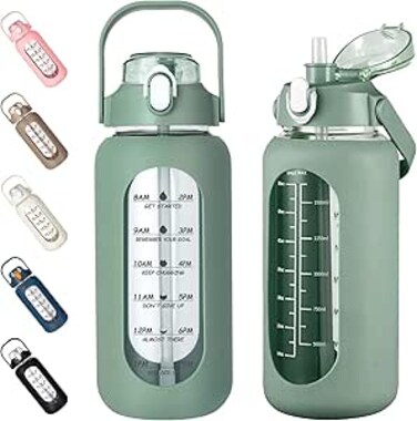 kytffu 64oz Glass Water Bottles with Straw, Half Gallon Motivational Glass Bottle with Silicone Sleeve and Time Marker, 2L Leakproof Large Glass Water Jug for Gym Home Office,olive