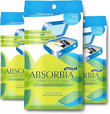 Absorbia Moisture Absorber  Absorbia Sachet(100g X 3 Sachet) - Family Pack of 3  Absorbs 200ml Each   Dehumidier for Bags, Suitcases &amp; Drawers   Fights Against Moisture, Mould, Fungus &amp; musty smells