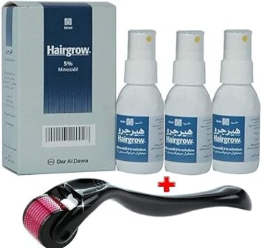 Dar Al Dawa Hairgrow 5% Minoxidil 3 Months Supply (3 Bottles x 50ml) with Derma 0.5mm Micro Needle Roller