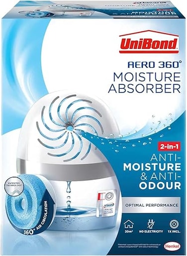 UniBond AERO 360&ordm; Moisture Absorber, Ultra-Absorbent Dehumidifier, Helps to Prevent Condensation, Mould &amp; Musty Smells, Refillable Condensation Absorber, 1 Device incl. 1 Refill Tab 450 g