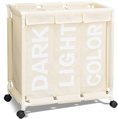 Beauenty Laundry Basket,Collapsible Laundry Sorter Rolling Cart, Bins with lids Sorter 3 Section Bag Organizer for Dirty Clothes/Toys/Towel,with Wheels in Laundry Room Organization