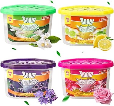 URbazaar Household Dehumidifier Activated Charcoal Moisture Absorber and Odor Eliminator, Wardrobe Hygroscopic Anti-Mold Deodorizing Moistureproof Desiccant 4 Pack,600ml (Lavender+Lemon+Rose+Jasmine)
