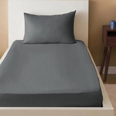 Sleep Well Microfiber Stripe Fitted Sheet with Pillowcase Set - 90x200+17cm (Grey)